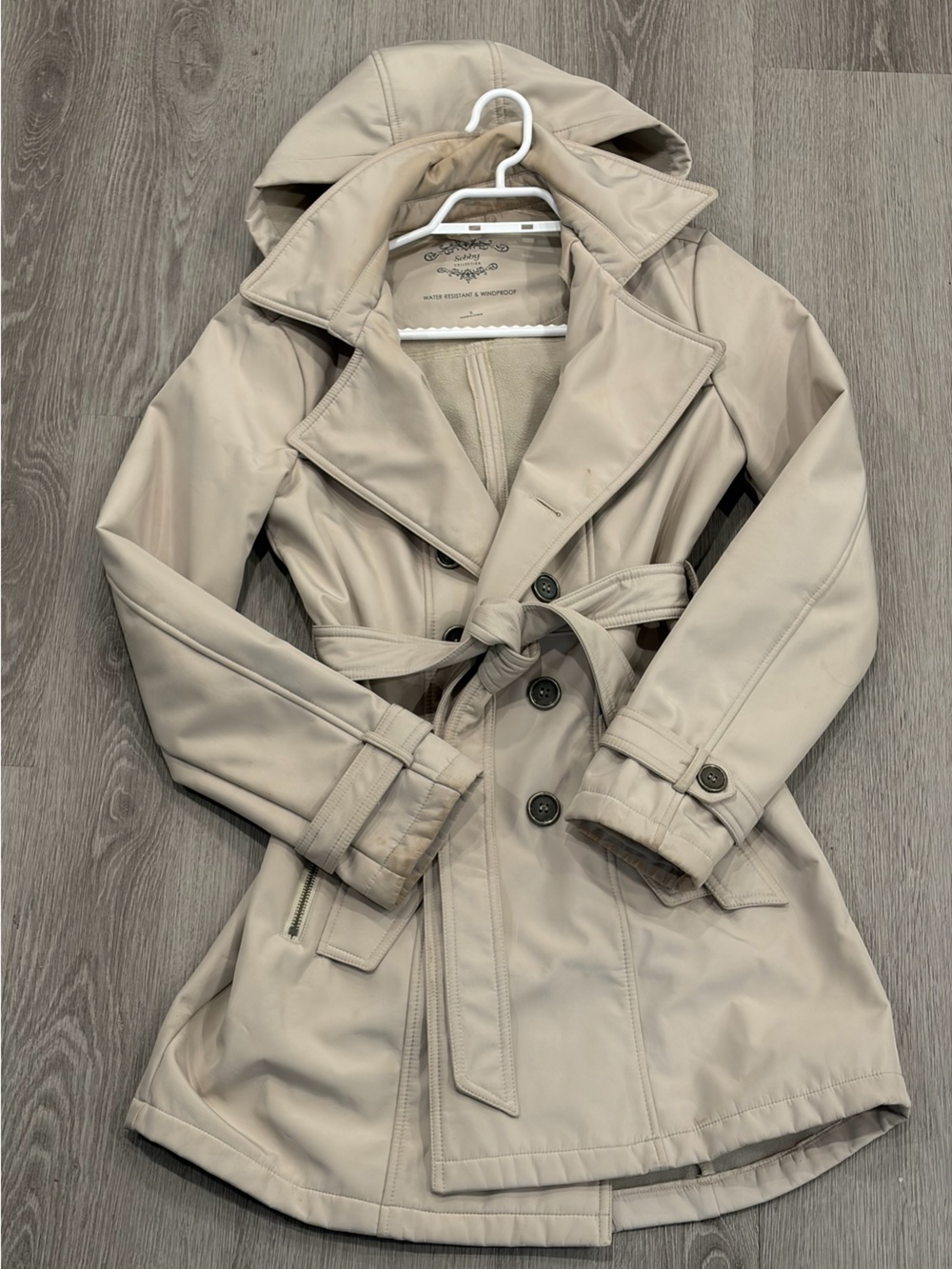 Sebby Collection Beige Hooded Trench Coat Water Resistant – Size S